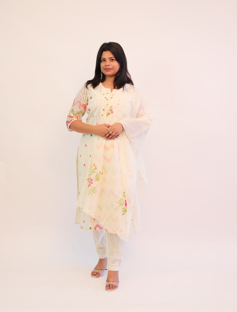 Off white Cotton Crochet Pattern kurta with matching pants and dupatta