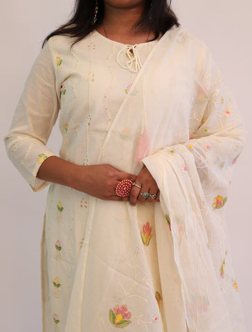 Hand Embroidered Off white Cotton kurta with matching pants and dupatta