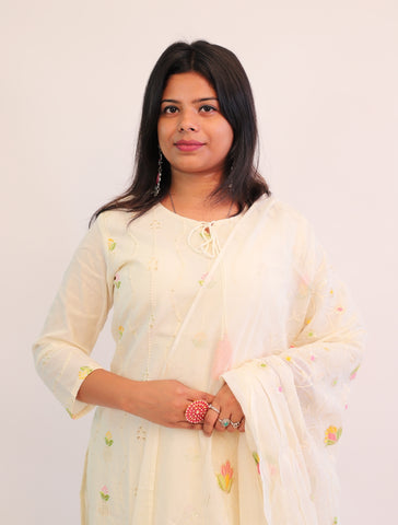 Hand Embroidered Off white Cotton kurta with matching pants and dupatta