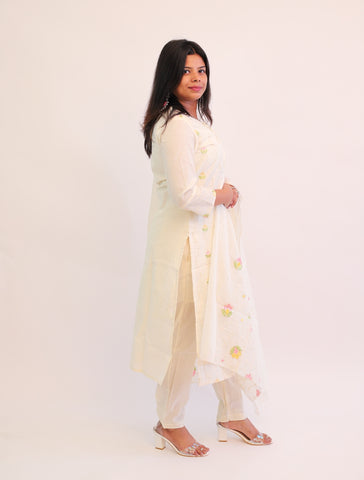 Hand Embroidered Off white Cotton kurta with matching pants and dupatta