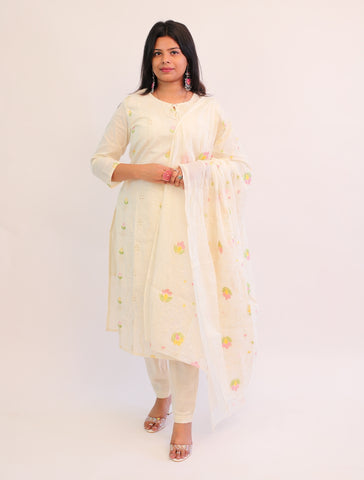 Hand Embroidered Off white Cotton kurta with matching pants and dupatta