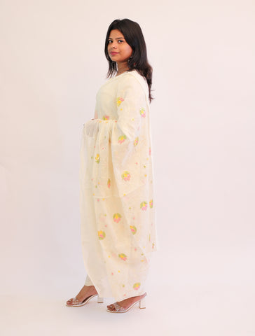 Hand Embroidered Off white Cotton kurta with matching pants and dupatta