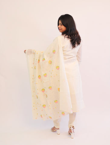 Hand Embroidered Off white Cotton kurta with matching pants and dupatta