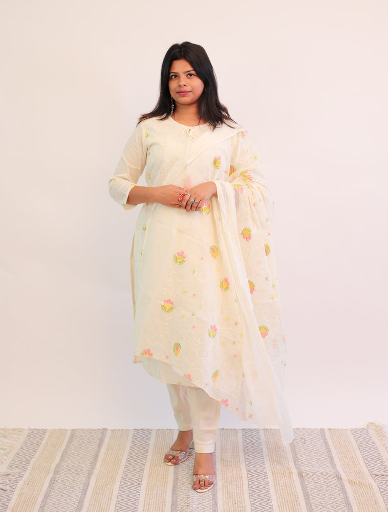 Hand Embroidered Off white Cotton kurta with matching pants and dupatta