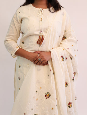 Hand Embroidered Off white Cotton kurta with matching pants and dupatta