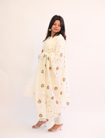 Hand Embroidered Off white Cotton kurta with matching pants and dupatta