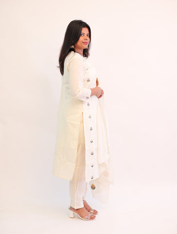 Hand Embroidered Off white Cotton kurta with matching pants and dupatta