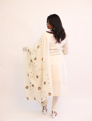 Hand Embroidered Off white Cotton kurta with matching pants and dupatta