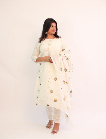 Hand Embroidered Off white Cotton kurta with matching pants and dupatta