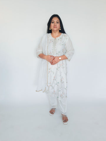 White Silk 3 Piece Suit with hand embroidery